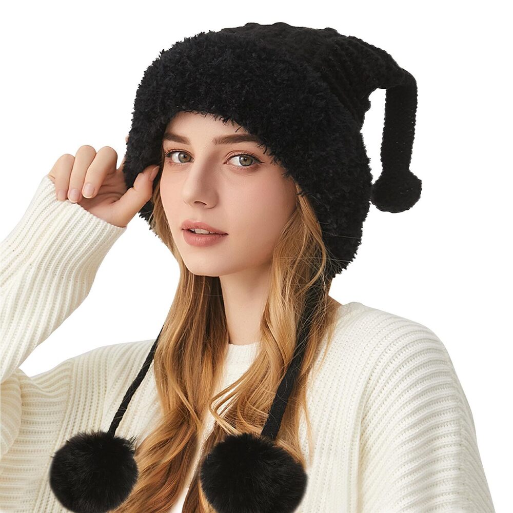 2757 Winter Black Beanie Cute Cartoon Antenna Ear Flap Peruvian Hats Knit